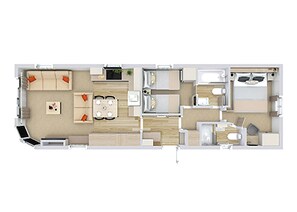 A floor plan of a hotel room with a living area, a dining area, a kitchen, a bathroom, and a bedroom. - 2 bedroom accommodation in Pooley Bridge, Ullswater (Pooley Bridge, Ullswater)