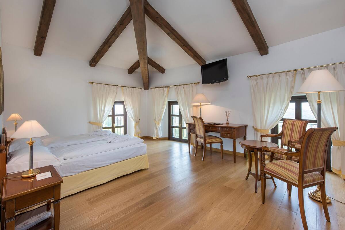 Une chambre à coucher avec un lit, un bureau, des chaises et un téléviseur.