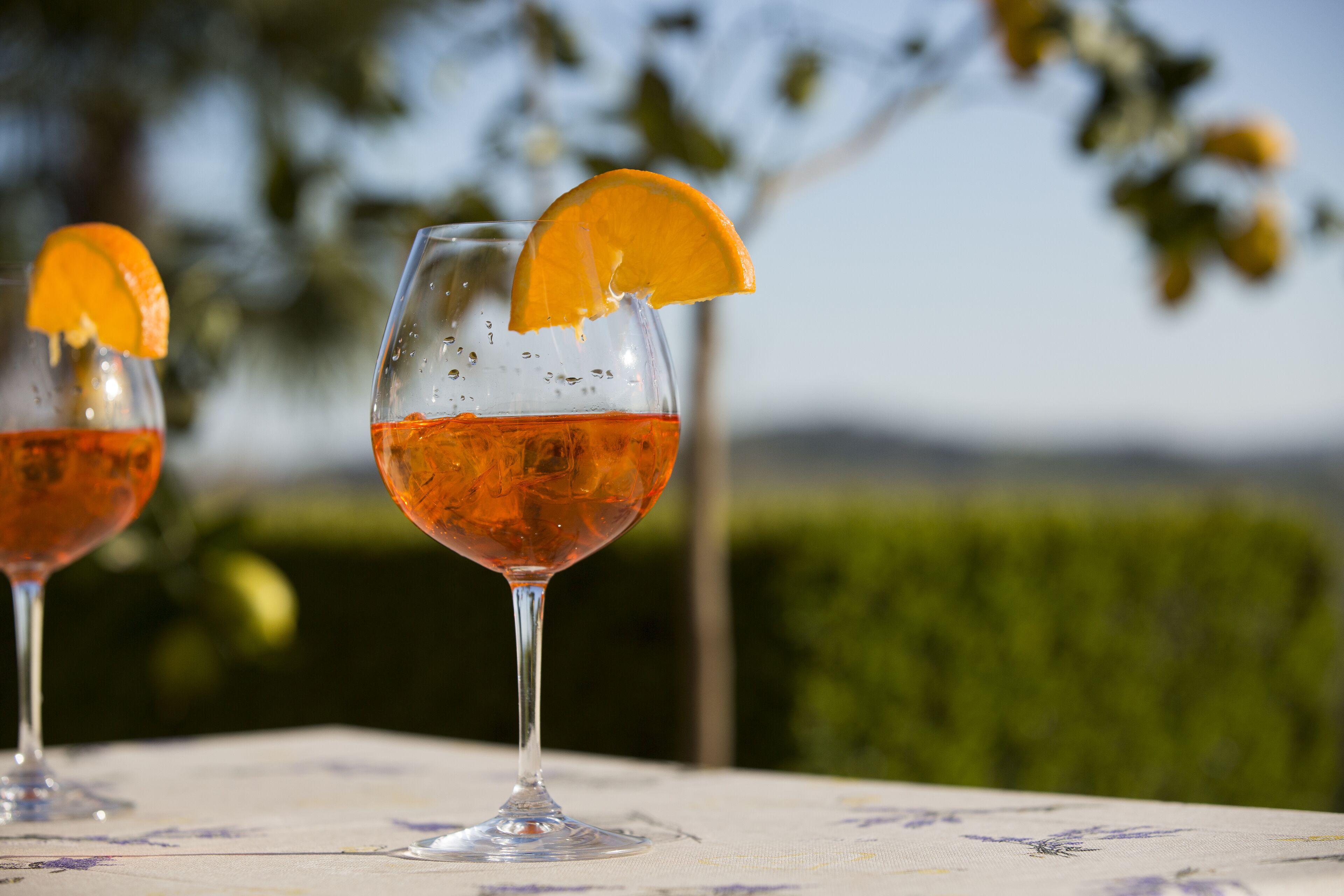 Two glasses of red beverage with an orange slice garnish on a table with a floral tablecloth.