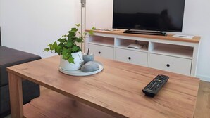 A wooden table with a remote control, a white vase with green plants, and a television on a white stand. - FeWo Wildflecken - Holiday apartment Rhön new building 2021 (Wildflecken)