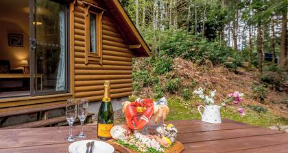 Timber lodge set in an elevated position with views of the lake.