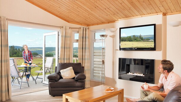 A living room with a sofa, a coffee table, a fireplace, and a TV.