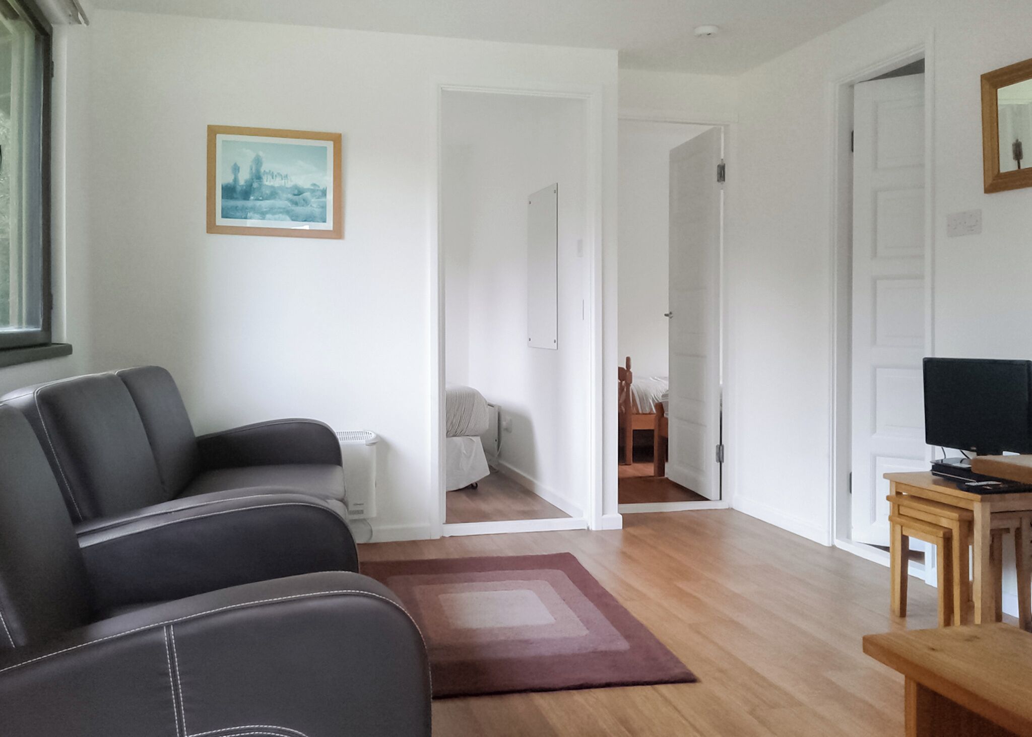 Un salon avec un canapé, un téléviseur posé sur un meuble en bois, un tableau encadré accroché au mur et une porte donnant sur une autre pièce.