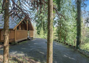 Eine Holzdiele mit Veranda, umgeben von dichtem Wald.
