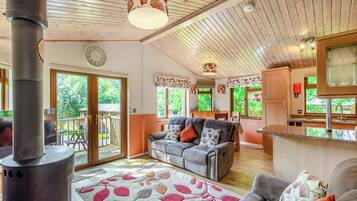 Flat-screen TV, fireplace