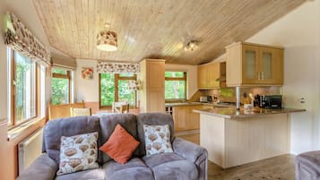 Flat-screen TV, fireplace