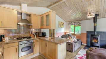 A modern kitchen with wooden cabinets, a gas stove, a built-in oven, and a black wood-burning stove.