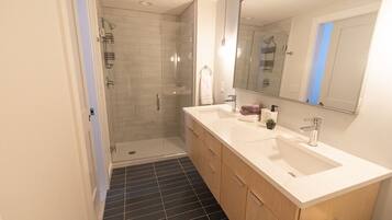 Shower, hair dryer, towels, toilet paper