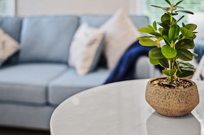 Relax in a comfortable seating area with a sofa and a potted plant.