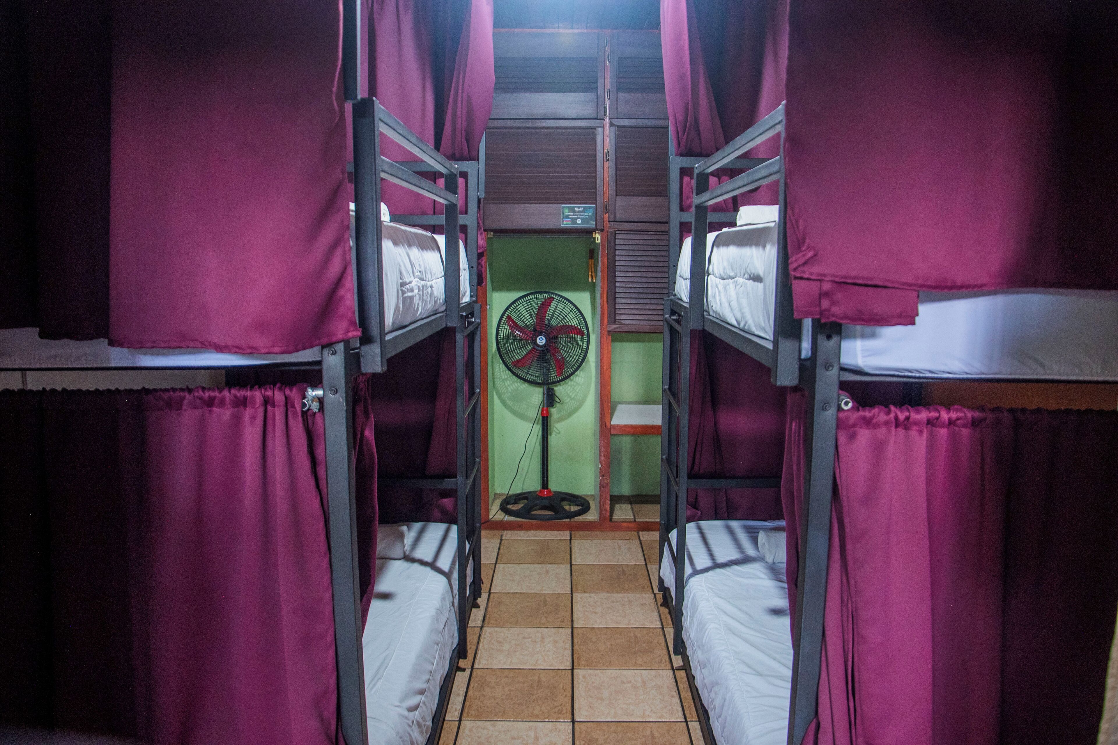 Um dormitório com beliches, um ventilador e uma parede verde.