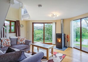 TV, fireplace - Gorgeous open plan two storey lodge. (Little London, Nr Llandinam)