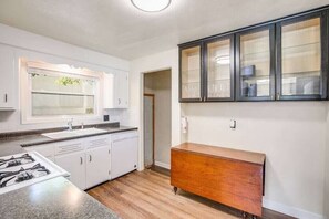 Fridge, microwave, toaster, cookware/dishes/utensils
