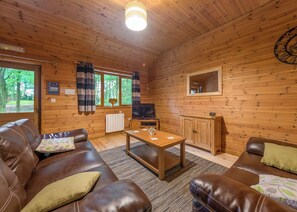 Ein gemütliches Blockhaus-Interieur mit Ledersofa, Holztisch, Fernseher und einem Fenster mit Vorhängen.