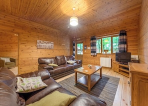Ein Interieur einer Holzhütte mit einer Couch, einem Couchtisch, einem Fernseher und einem Fenster mit Vorhängen.