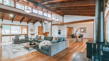 Smart TV, fireplace, books, offices