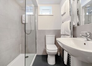 A modern bathroom with a glass-enclosed shower, a white toilet, and a sink with a mirror.