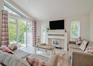 A living room with a fireplace, a television, and a sofa. - Rabbits Warren Lodge (Cannington)