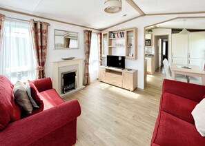 A living room with a fireplace, red sofas, a TV, and a bookshelf.
