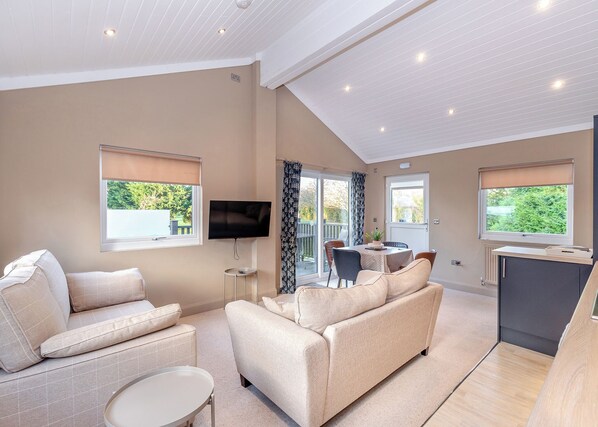 A spacious living area with a sofa, a TV, a dining table, and a kitchen area.