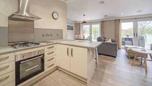Una cucina moderna con piano cottura a gas, forno e cappa aspirante in acciaio inossidabile.