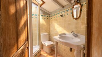 A bathroom with a toilet, sink, and a mirror on the wall.