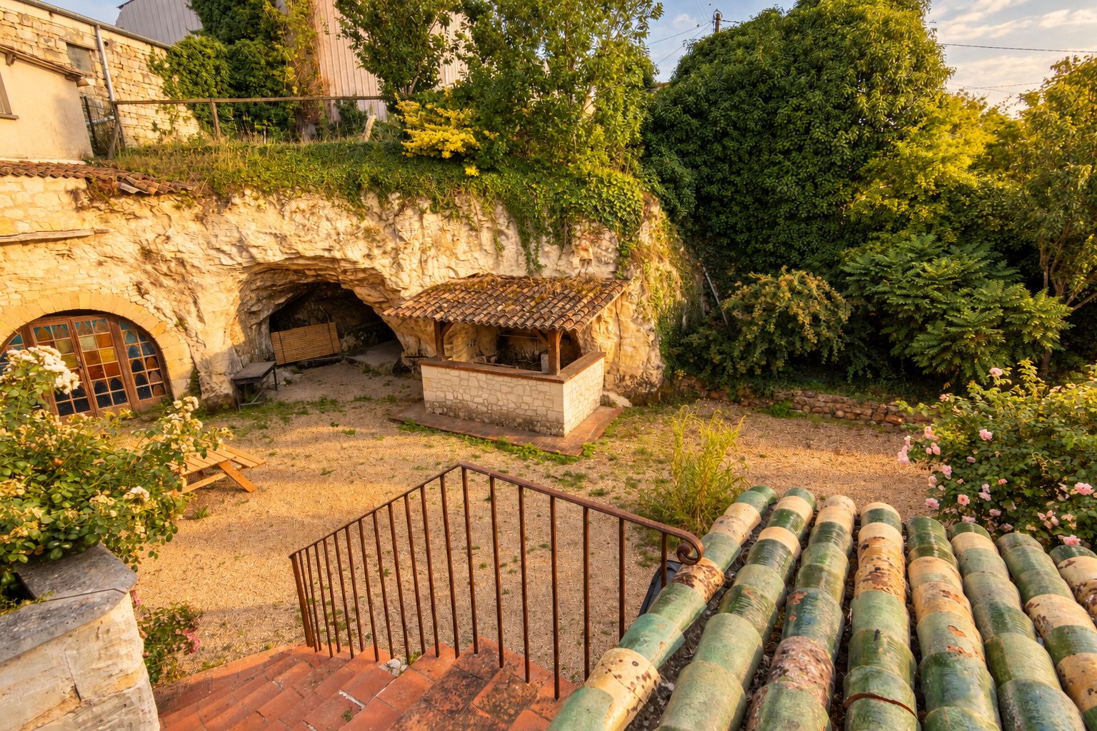 Un bâtiment en pierre avec un toit recouvert de tuiles, une petite structure en bois et un escalier menant à un balcon qui donne sur un jardin verdoyant et une zone pavée.