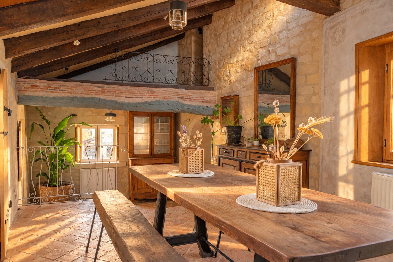 Un coin repas rustique avec une table en bois, des bancs et des vases décoratifs.
