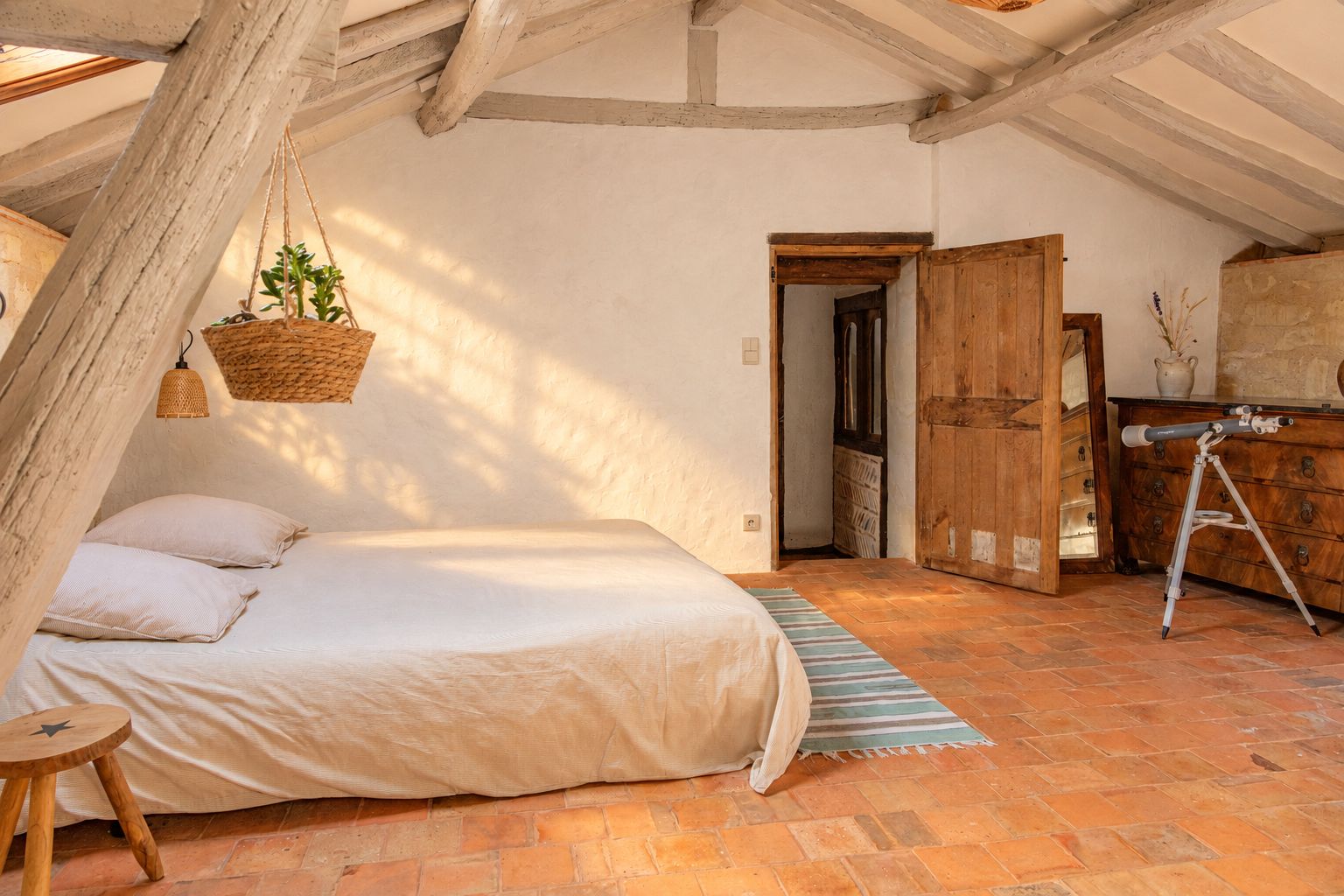 Une chambre à coucher avec un lit, une plante suspendue, un télescope et une porte en bois rustique.