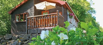 Pine log lodge with one double and one twin.