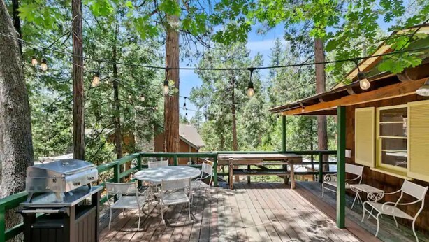 Una terraza al aire libre con una parrilla, mesas y sillas, rodeada de altos árboles.