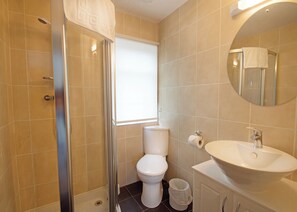 Une salle de bain équipée d’une douche, de toilettes, d’un lavabo et d’un miroir.