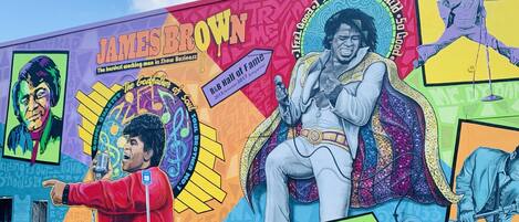 Un mural de James Brown en una pared de un edificio.