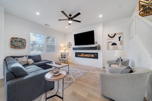 Smart TV, fireplace, video games, books