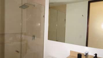A bathroom with a glass-enclosed shower, a white toilet, and a vanity with a mirror.