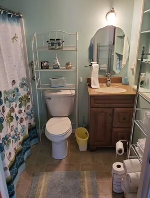 Douche, sèche-cheveux, serviettes fournies, savon