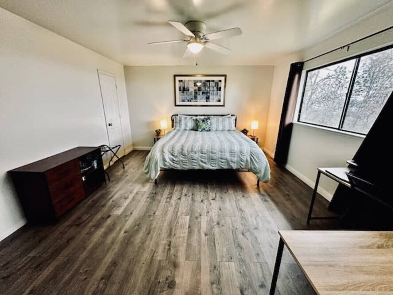 1 bedroom, desk, iron/ironing board, travel crib