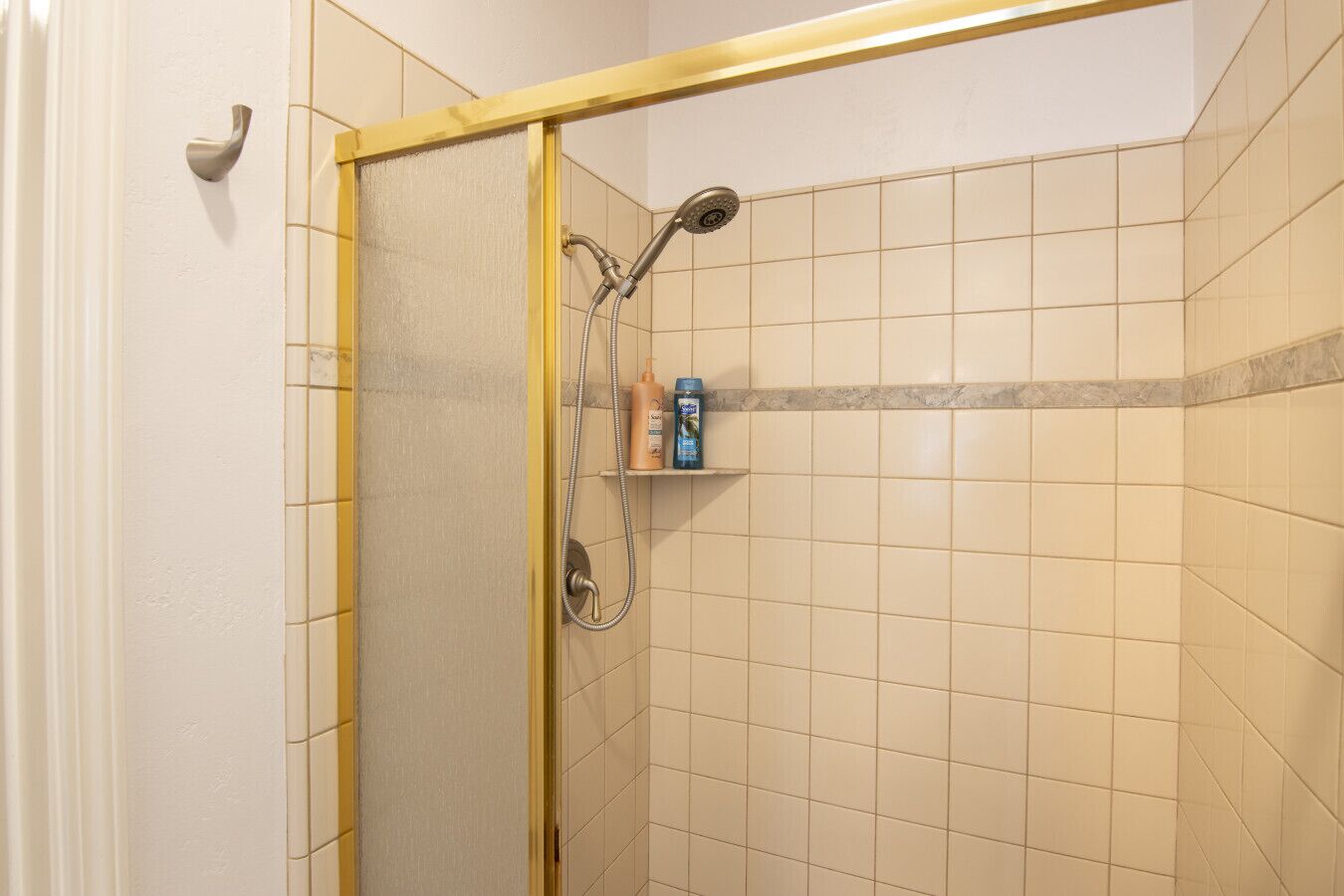 A shower with a glass door, a handheld showerhead, and a shelf with toiletries.