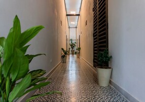 Um corredor com ladrilhos estampados, plantas em vasos e um lustre.