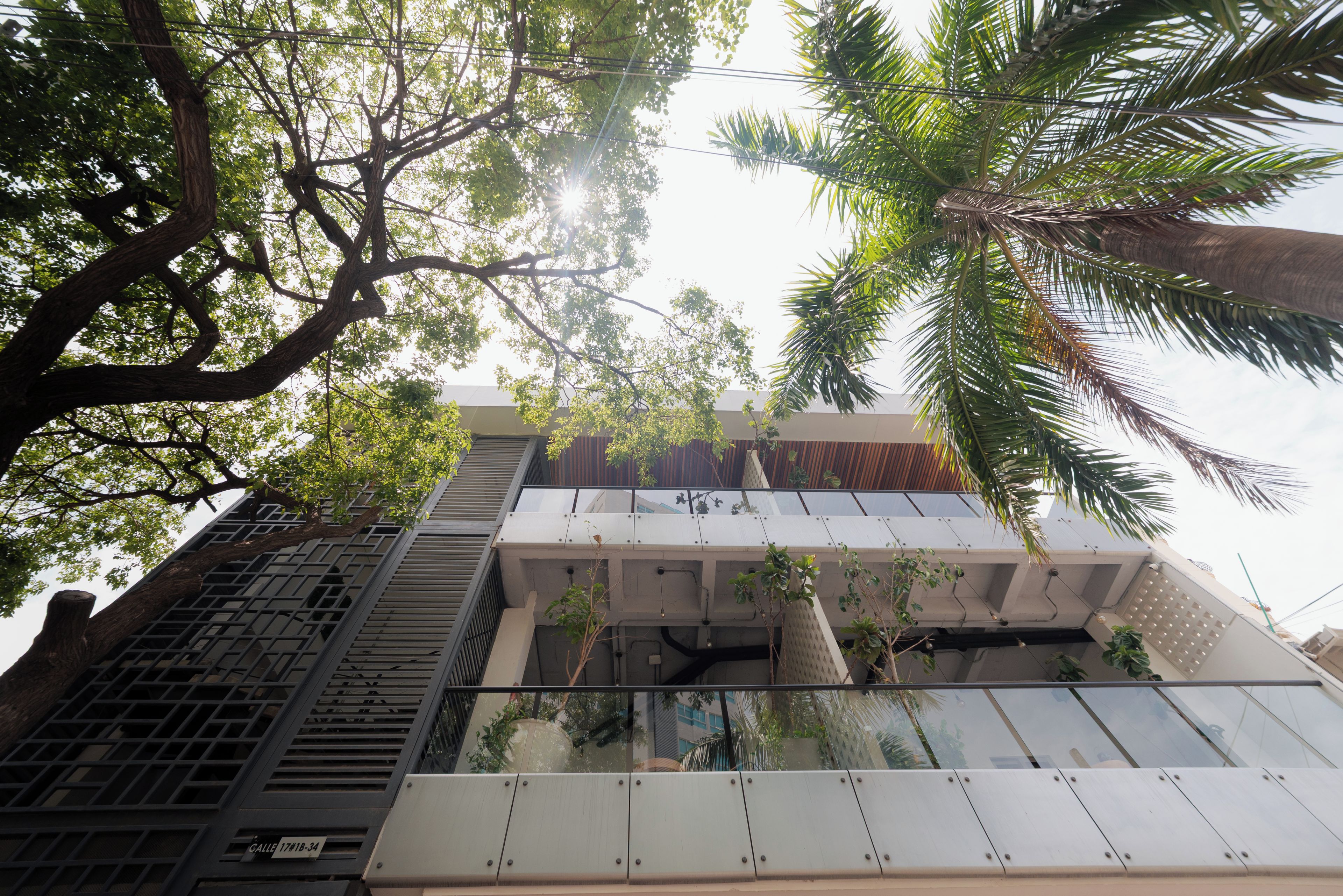 A modern building with a glass facade, a metal staircase, and surrounding trees.