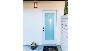 A white door with a frosted glass panel, a small potted plant, and a 'hello' mat on the ground.
