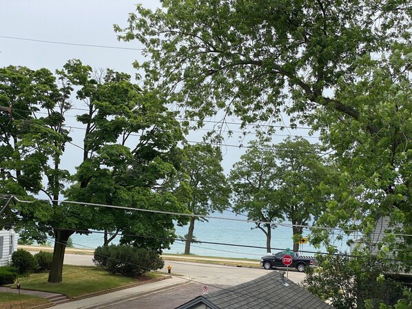 Una calle residencial con vista al agua, árboles y una señal de parada.