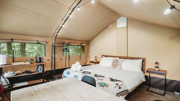 Una habitación con carpa, una cama, un escritorio y una ventana con vistas a zonas verdes.