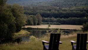 A lakeside view with two Adirondack chairs facing the water, surrounded by dense forest and a field in the distance.