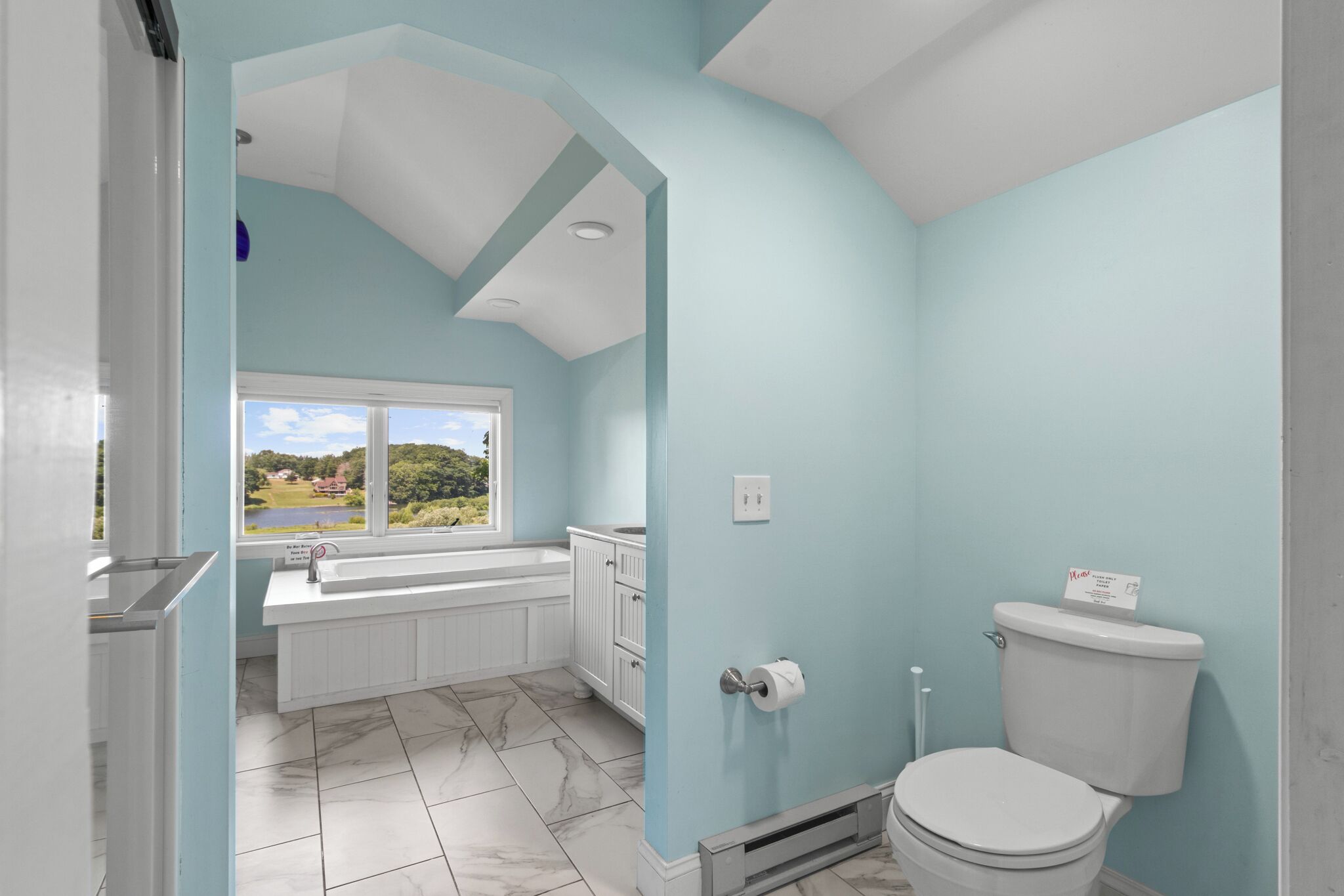 A bathroom with a toilet, a window with a view of greenery, and a white vanity with a sink.