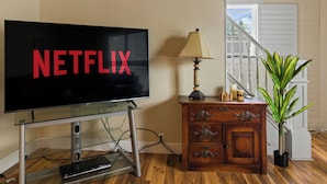 Un téléviseur posé sur un support en verre, avec le mot « NETFLIX » affiché à l’écran, un meuble en bois avec des tiroirs, une lampe et une plante en pot.