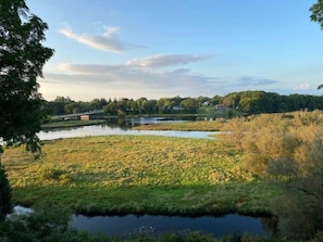 A natural landscape with a pond, grassy areas, and trees.