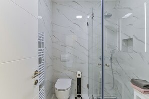 Shower, hair dryer, towels