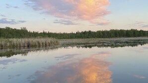 Un lago tranquilo que refleja claramente el cielo y las nubes, rodeado de un bosque frondoso.