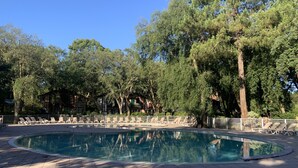 Una piscina rodeada de árboles y una valla, con sillas de descanso a lo largo de la orilla.