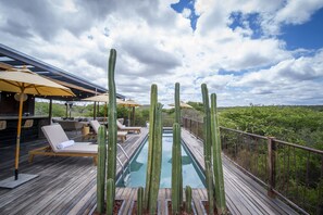 Piscine extérieure, parasols de plage, chaises longues